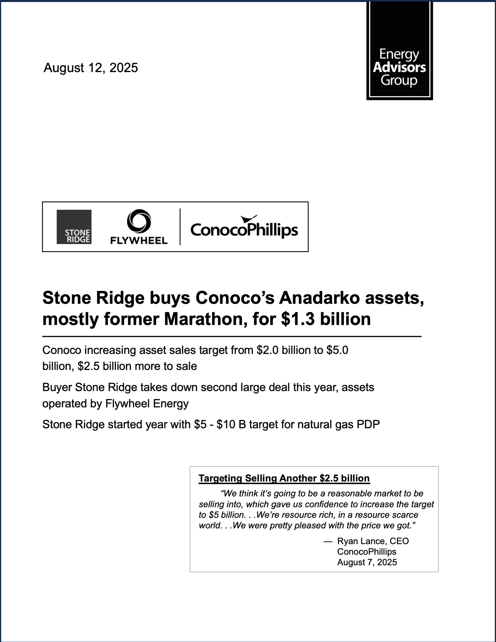 DEAL ALERT (STONE RIDGE / COP) - Energy Advisors Group DEAL ALERT (STONE RIDGE / COP)